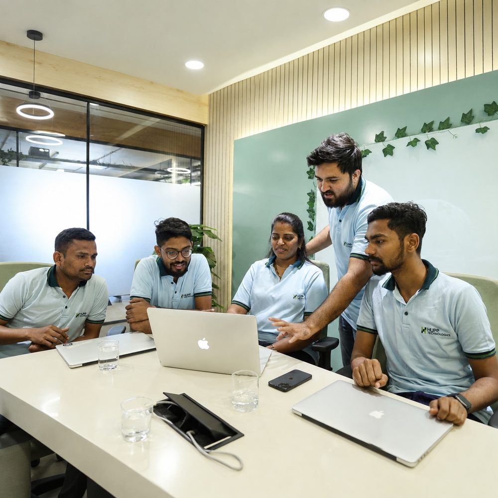 The Hupp Technologies team working together in the Ahmedabad office