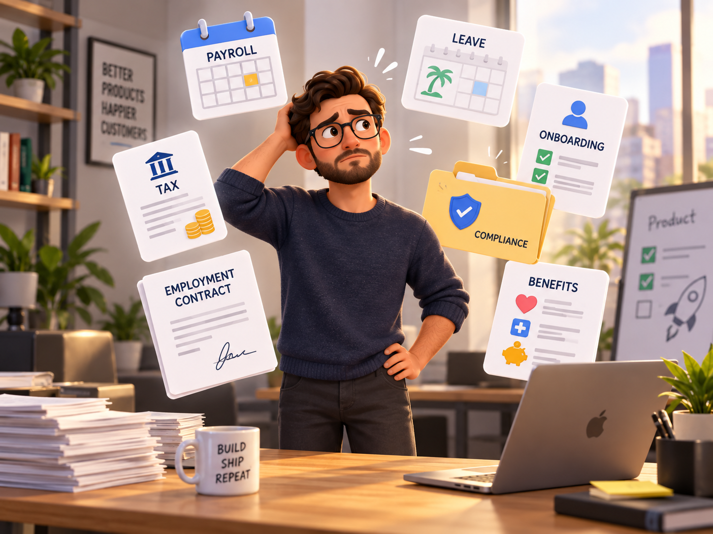 A founder considering payroll, tax, leave, onboarding, contracts and employee benefits